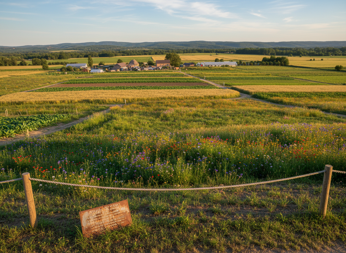 An elevated, wide photographic view of a reclaimed former minefield transformed into a safe community field, the foreground showing a small, clearly marked boundary rope with neutral-colored posts and a faded old warning sign now lying flat on the ground. Beyond it stretches a vibrant patchwork of green crops and wildflowers, with distant low hills under a soft blue sky with thin clouds. Gentle late-afternoon sunlight illuminates the landscape, creating warm highlights on the plants and soft shadows that emphasize depth. The atmosphere is hopeful and serene, highlighting the long-term impact of demining. The composition follows rule of thirds, with the old sign in the lower corner and the flourishing land filling the frame, photographed with sharp focus and natural, clean color grading to convey renewal and community resilience without any visible people.