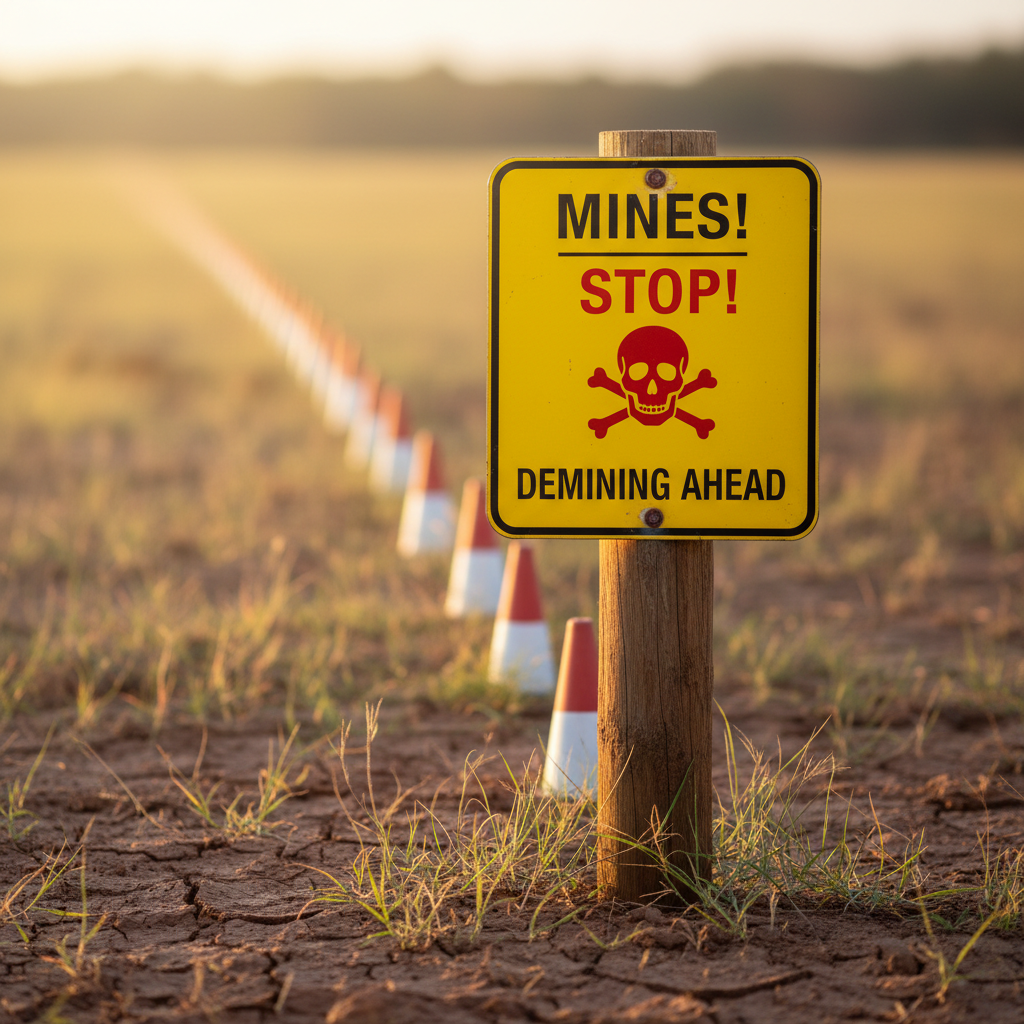 A close-up photographic shot of a bright yellow demining warning sign, its metal surface slightly weathered, mounted on a sturdy wooden post emerging from dry, reddish-brown soil dotted with sparse green grass. Behind it, a sequence of small, carefully placed red and white ground markers recedes into the distance, gradually blurring into a soft bokeh of earth tones and muted greenery. Golden hour sunlight bathes the scene, catching the edges of the sign and casting a long, calm shadow across the ground. The mood is serious yet cautiously optimistic, emphasizing protection and safety. Captured at eye level with shallow depth of field and a clean, documentary realism, the composition uses the sign as a strong central anchor while the environment subtly suggests ongoing humanitarian demining work.