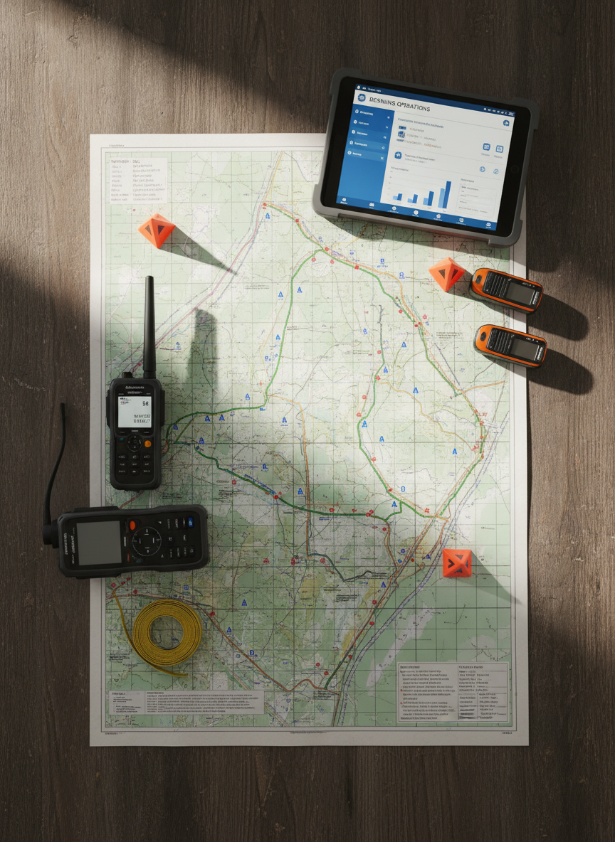 A detailed top-down photographic view of a demining operations planning table, covered with a large, slightly worn topographic map marked with precise colored symbols indicating minefields and safe corridors. Around the map lie rugged GPS devices, a ruggedized tablet showing a clean dashboard interface, orange safety markers, and neatly coiled measuring tape. Soft, diffused daylight from an unseen window falls across the table, creating gentle shadows and subtle reflections on plastic screens. The mood is professional, methodical, and focused, emphasizing technology-enabled humanitarian impact. The composition uses rule of thirds, keeping the tablet as a subtle focal point while maintaining sharp focus throughout. The photographic realism and clean, modern aesthetic communicate clarity, organization, and hope in a challenging environment, without showing any human figures.