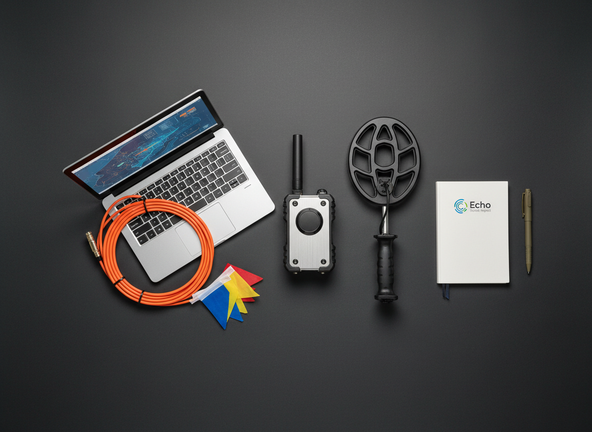 A meticulously arranged flat-lay photographic composition of demining technology tools on a matte dark-gray surface: a compact ground-penetrating radar unit with textured rubber edges, a robust metal detector coil, a rugged laptop displaying a stylized data visualization, coiled fiber-optic cable, color-coded flag markers, and a small notebook with a clean, minimalist cover bearing a subtle Echo Social Impact logo. Overhead soft studio lighting creates even illumination with delicate highlights on metallic components and gentle, controlled shadows for depth. The mood is innovative and precise, emphasizing responsible use of advanced technology for humanitarian purposes. The framing is symmetrical with slight asymmetrical accents, shot from directly above with sharp focus across the frame. The overall photographic realism and modern, professional aesthetic reinforce the blend of engineering rigor and social impact.
